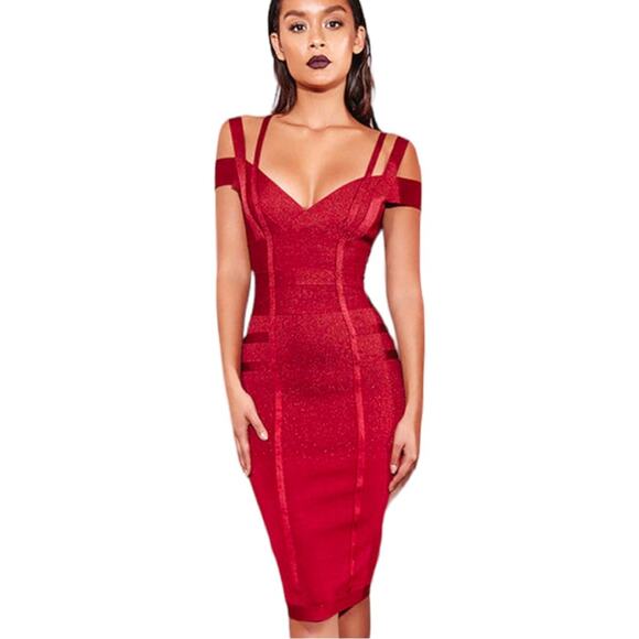 NWOT House of CB London Mimi Red Shimmer Bandage Bodycon Midi Event Dress - Picture 1 of 13